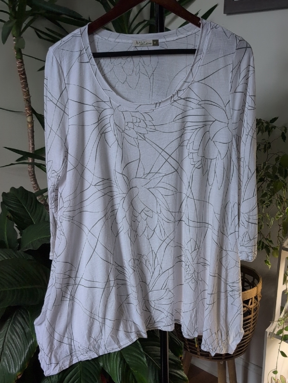 Knit Chalet Tunic, White with Grey Lotus Print